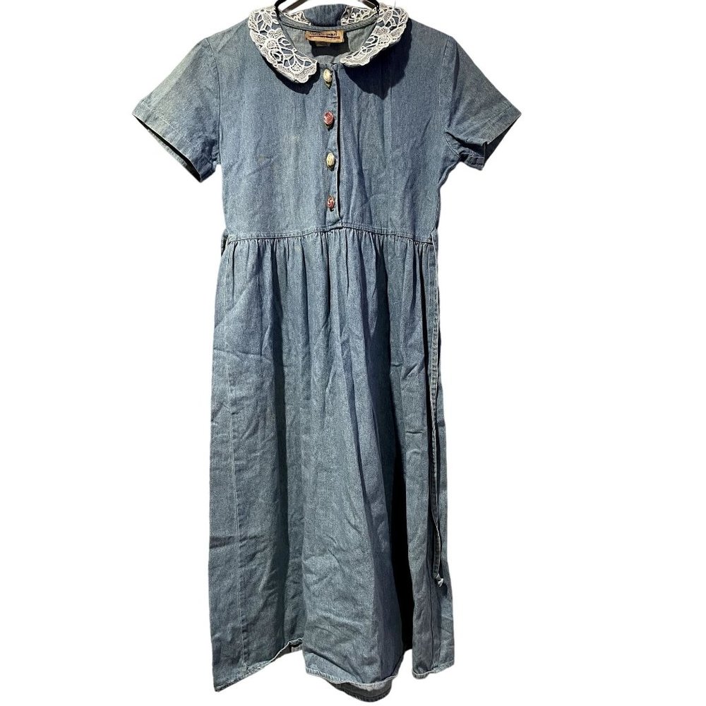 Vintage Denim Lace Collar Midi Dress The Clothing Company Cottagecore Blue u1